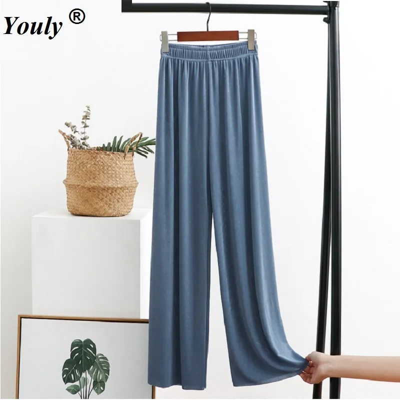 Women Summer Thin Knit Straight Trousers 2021 Wide Leg Loose Long Pants Casual Slack Elastic Waist Homewear Pants