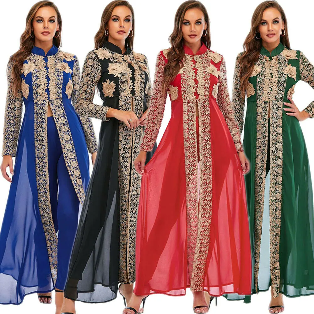 2Pcs Set Muslim Abaya Dubai Women Long Sleeve Dress Pants Islamic Arab Marocain Jilbab Kimono Kaftan Robe Party Clothes Jalabiya