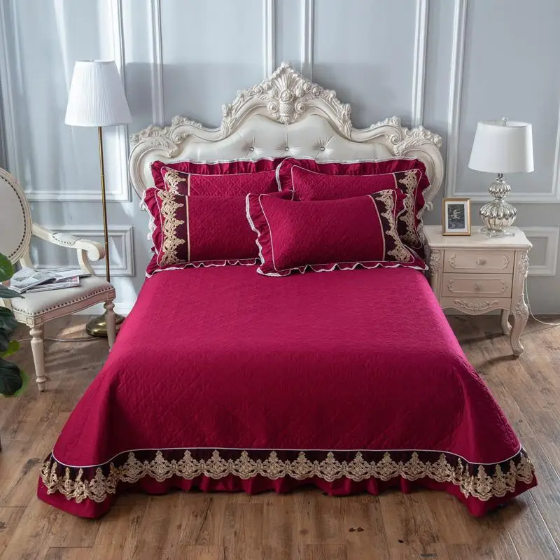 

40 Cotton Quilted Laced Bedspread 3Pcs King Queen size Luxury Bedspread Coverlet Embossed Bed Cover Bed set Solid Grey Color