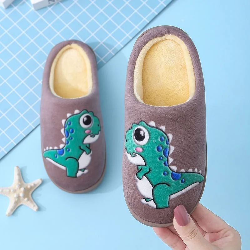 

Green Dinosaur Children Slippers Autumn Winter Warm Thick Non-slip Fuzzy Slippers Indoor Home Furry Shoes Light Kids Footwear