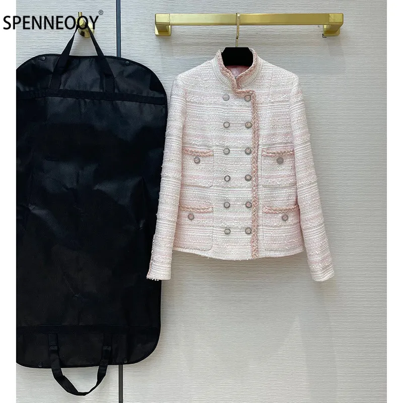 

SPENNEOOY Designer Brand Tweed Double Breasted Overcoat Outwear Women Long Sleeve Print Lining Office Lady Jackets