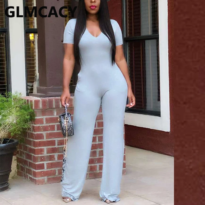 

Short Sleeve V Neck Solid Slim Jumpsuit Casual Summer Long Overalls