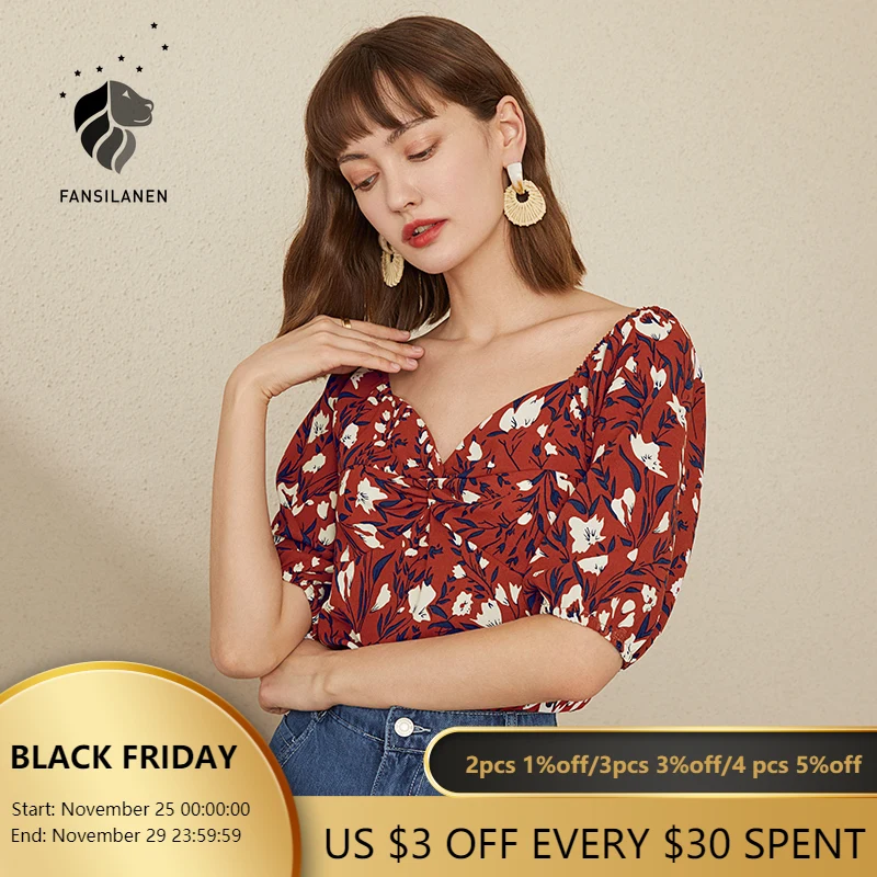 

FANSILANEN V Neck Twist Sexy Floral Print Blouse Shirt Women Vintage Puff Sleeve Boho Linen Top Female Summer Office Lady Blouse