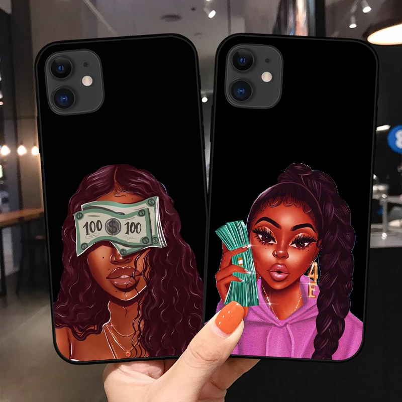 

Afro Girls Black Women Art black Case For iPhone11 12 Pro XS Max X XR 7 8 6sPlus 12Mini Make Money Cash Girl Melanin Poppin Case