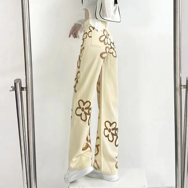 

Женские прямые джинсы с высокой талией, повседневные штаны с уникальным принтом