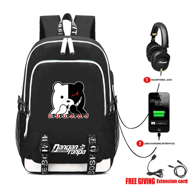 USB Charging Headphone Jack Backpack School Bags Mochila Feminina Laptop Schoolbag anime Danganronpa Printing backpack |