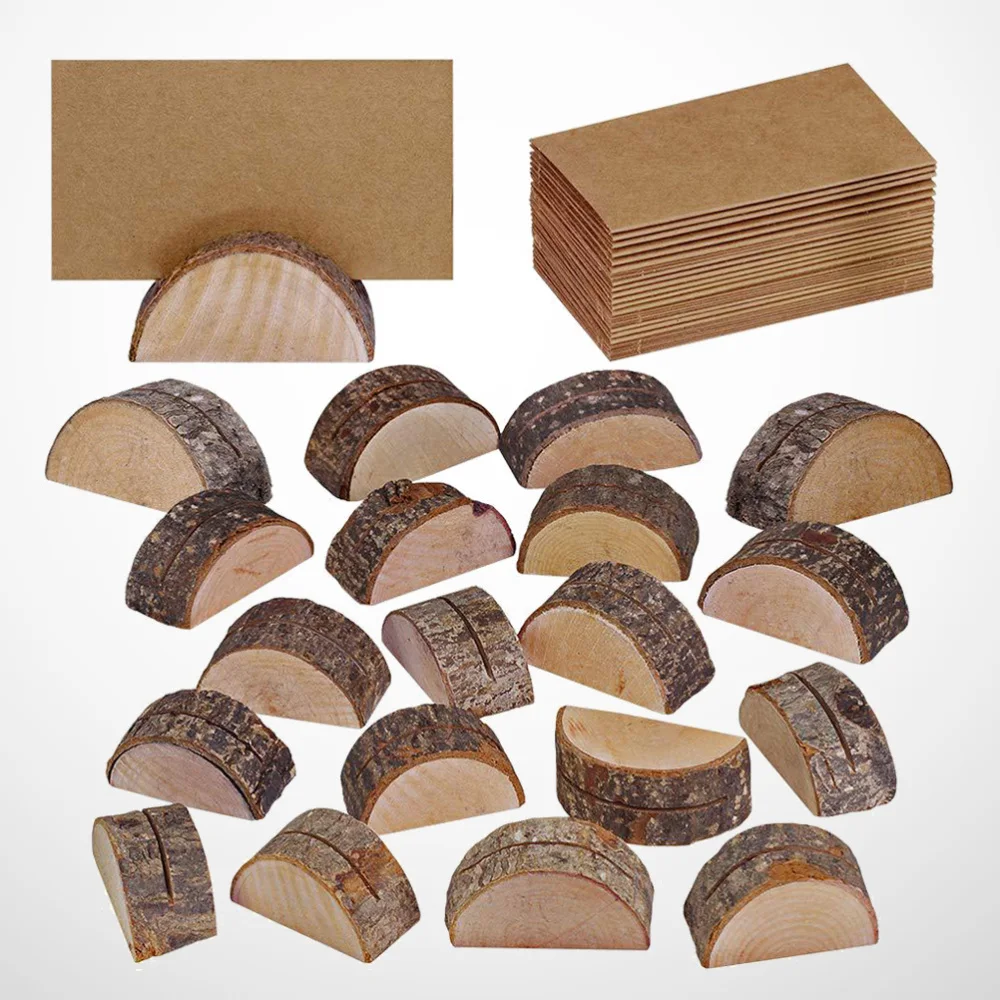

30 Sets Wooden Photo Holder Stump Shape Memo Organizer Place Holders for Wedding Banquet (Semicircle with Paper)