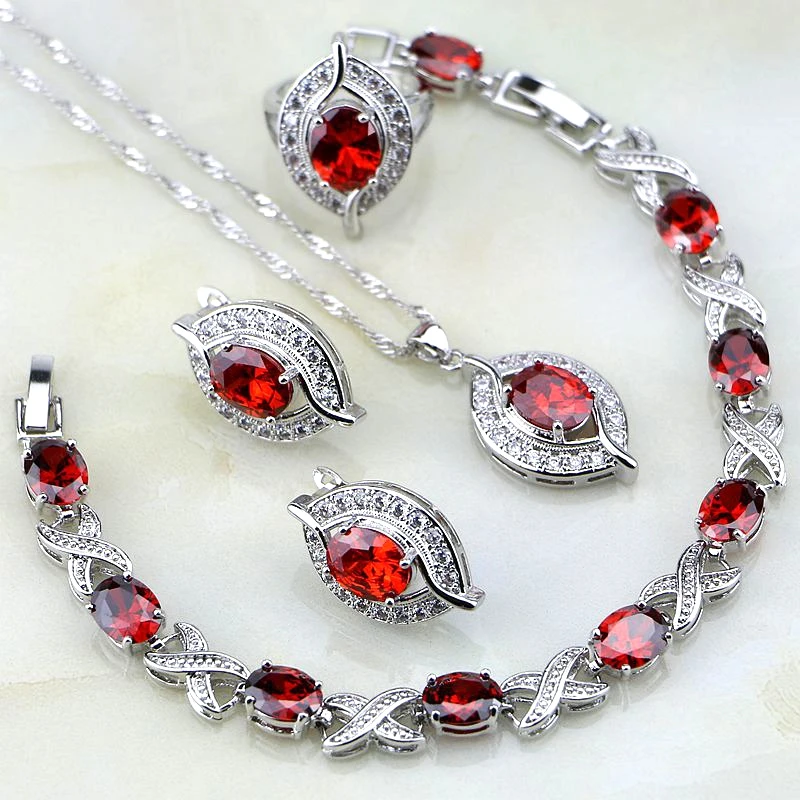 Женский комплект ювелирных изделий из серебра 925 пробы с красным цирконом белым
