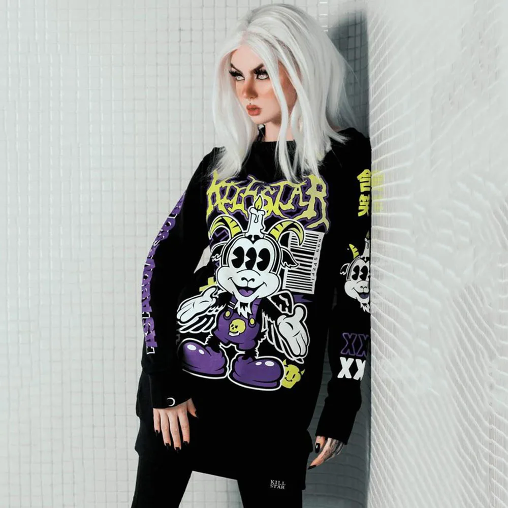 

2021 Women's Autumn New T-shirt Gothpunk Funny Dark Style Black Long Sleeve Round Neck Graffiti Comic Design Printed Top
