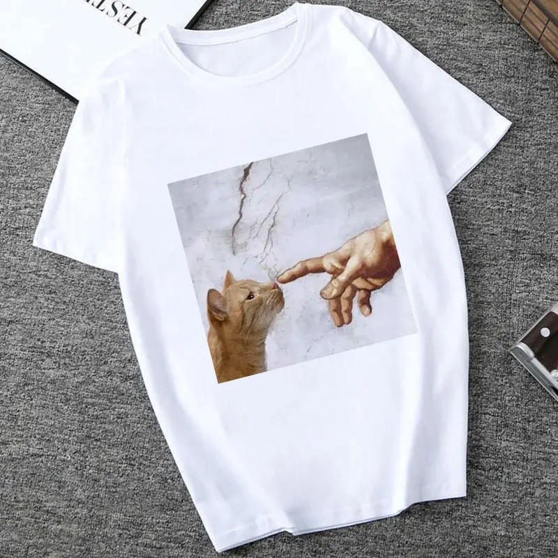 Summer New Casual Fashion Big Size Cartoon Art Spoof Fun Tops Tees Print Short-sleeved Michelangel Cute Cat Loose Female T-shirt | Женская