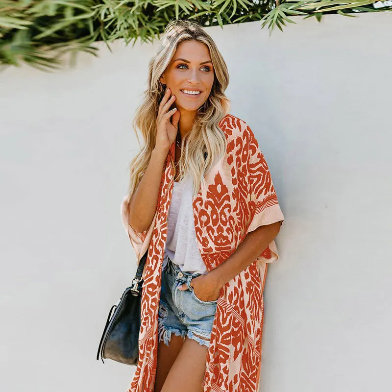 

Chiffon Cardigan Beach Coverups for Women Sexy V Neck Fashion Print Plus Size Summer Dress Bikini Cover Up Vestidos De Playa