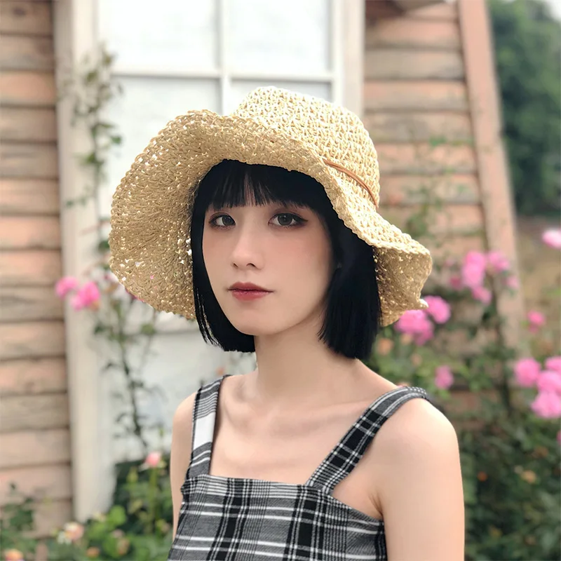 

Соломенная шляпа ручной работы в Корейском стиле, летняя Солнцезащитная пляжная шляпа для отдыха, рыбацкая шляпа, складная женская шляпа