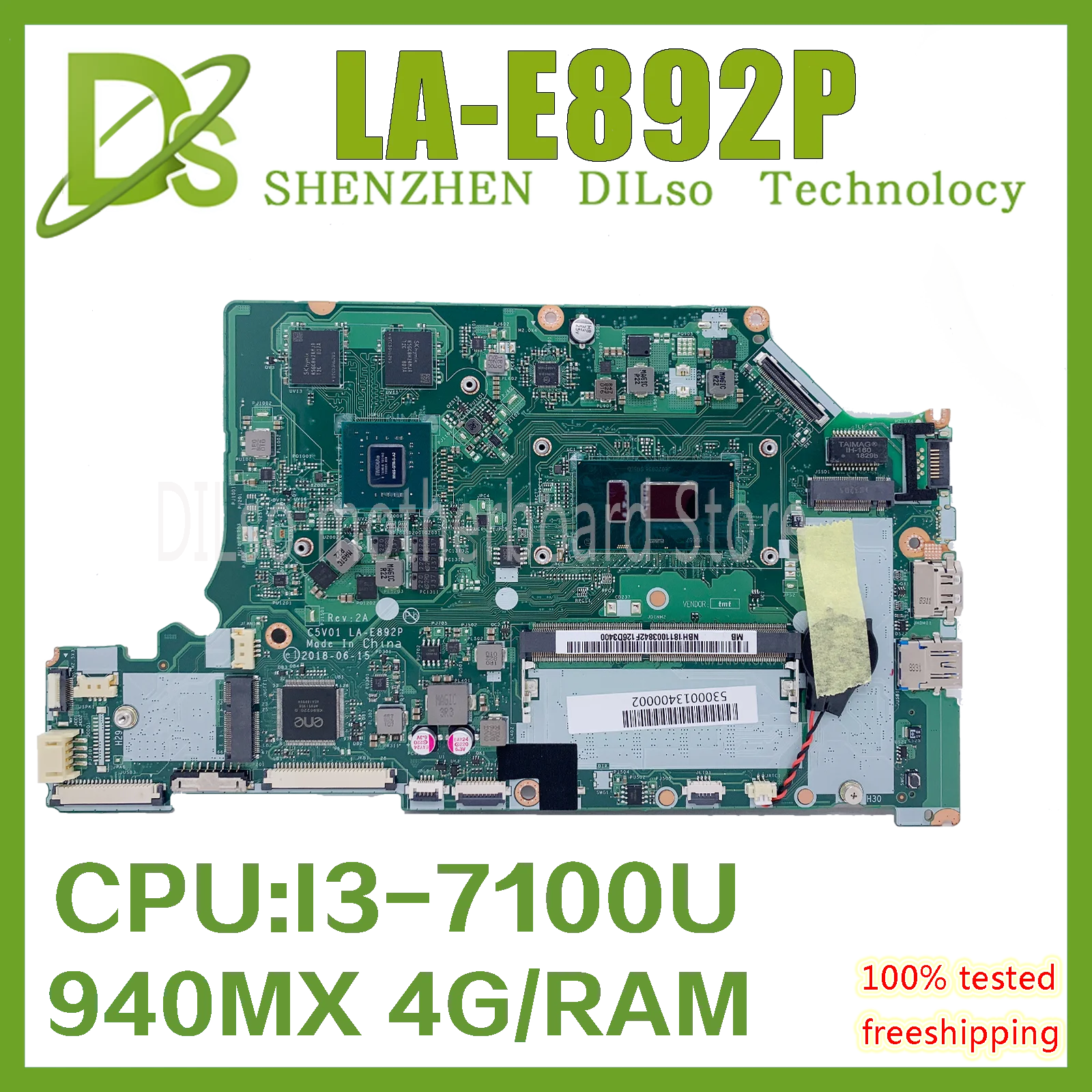 

Подходит для ACER A515-51G A715-51G A315-53G оригинальная материнская плата для ноутбука C5V01 LA-E892P с I3-7100U GT940MX 4G100% ТЕСТ ОК