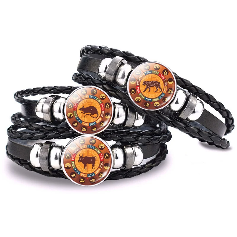 

12 Chinese Zodiac Bracelet Animals Zodiac Rat Ox Tiger Pig Glass Dome Braided Leather Woven Bracelet for New Year Gifts