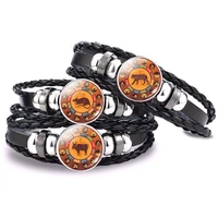 12 chinese zodiac bracelet animals zodiac rat ox tiger pig glass dome braided leather woven bracelet for new year gifts