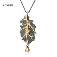 aiyanishi 925 sterling silver vintage pendant necklace women big exaggerated black leaves pendant necklaces jewelry lady gifts