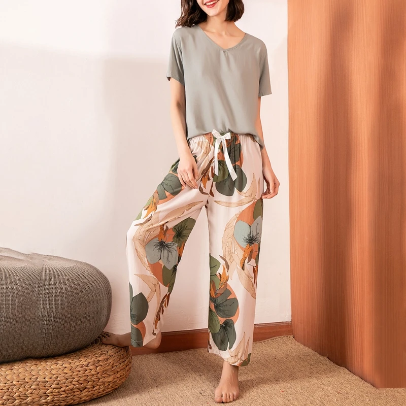 Женская контрастная Цвет пижамный комплект из 2 предметов пуловер с короткими