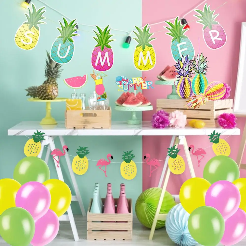 

Hawaiian Party Decorations Pinapples Honeycomb Flamingo Banners Latex Balloons Photo Booth Props Birthday Summer Party Supplies