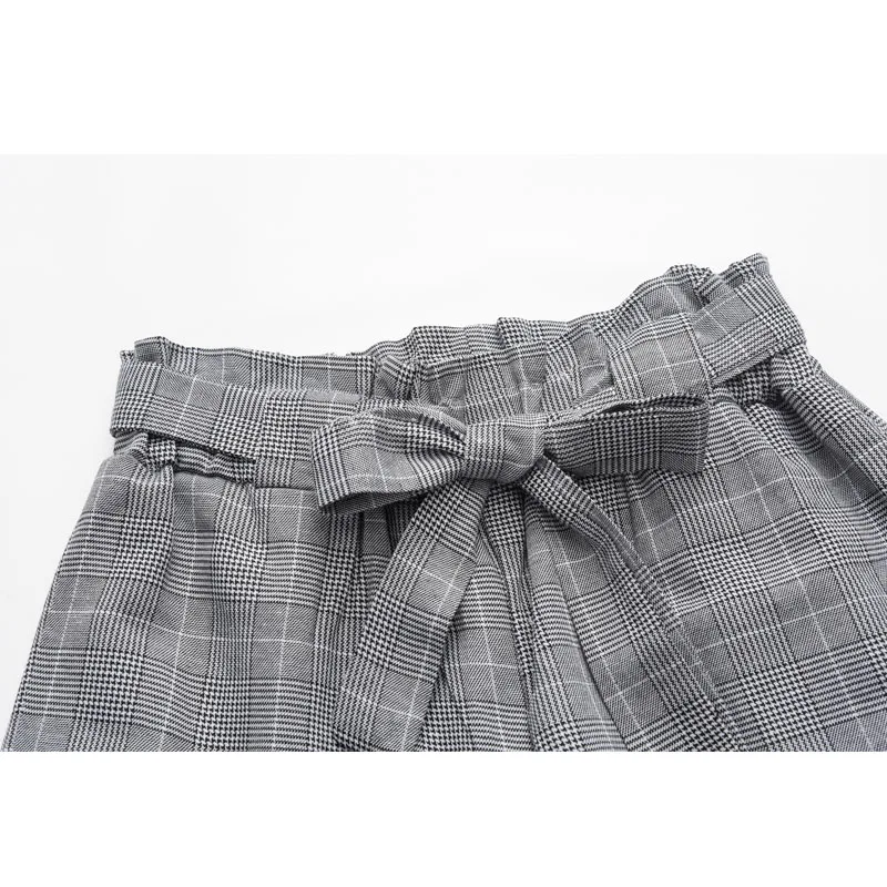 

2021 Women Fashion Plaid Pleated High Waist Skinny Pencil Pants Trousers With Bow Sash Women's Clothing 9505#