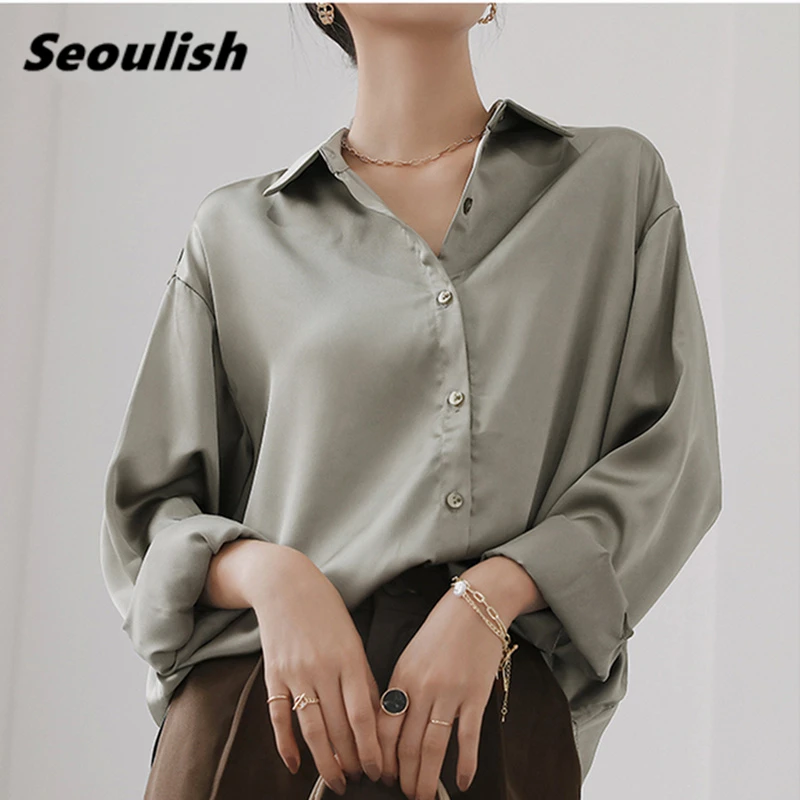 

Seoulish New 2021 White Stain Women's Blouse Chic Solid Lapel Single-breasted Elegant Casual Loose Tops Female Spring Autumn