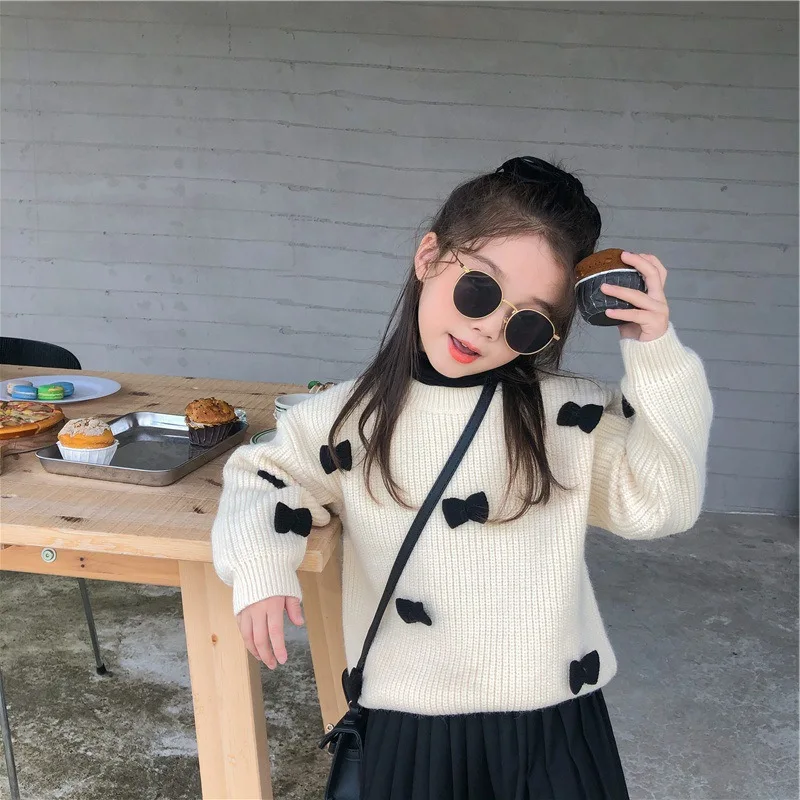 

2021 New Sweet Girls Sweater Autumn Winter Bow Knot Round Neck Long-sleeve Knitted Sweater Korean Fashion Warm Pullover Top