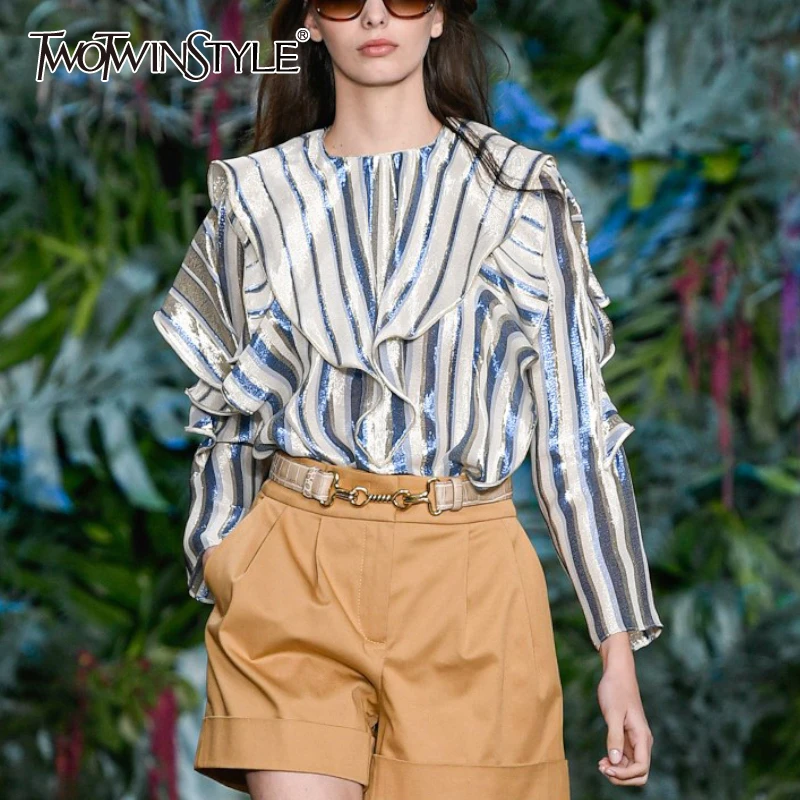TWOTWINSTYLE элегантные полосатые женские рубашки с оборками круглым вырезом длинным