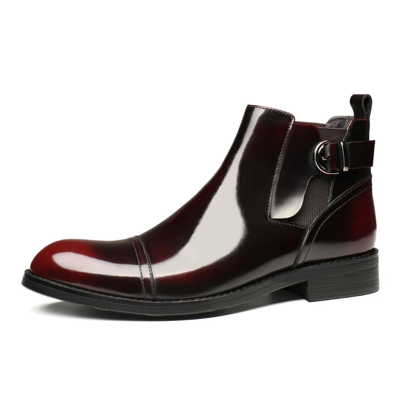 

Fashion Black / Wine Red Mens Casual Shoes Patent Leather Chelsea Boots Male Ankle Boots With Buckle
