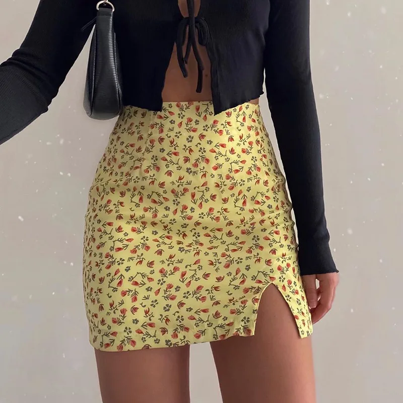 

MissThalia Floral Printed Mini Skirts Women Split Vintage High Waist Short Skirt Ladies Fashion Bodycon Ladies Skirt Summer