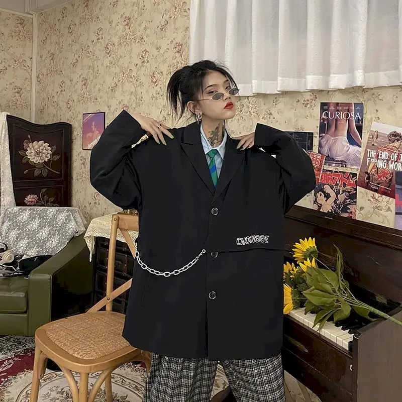 

Goth Harajuku Women's Blazers Designer Metal Cha Jackets Notched Outerwear Tops For Girl Loose Oversized Clothing For Women