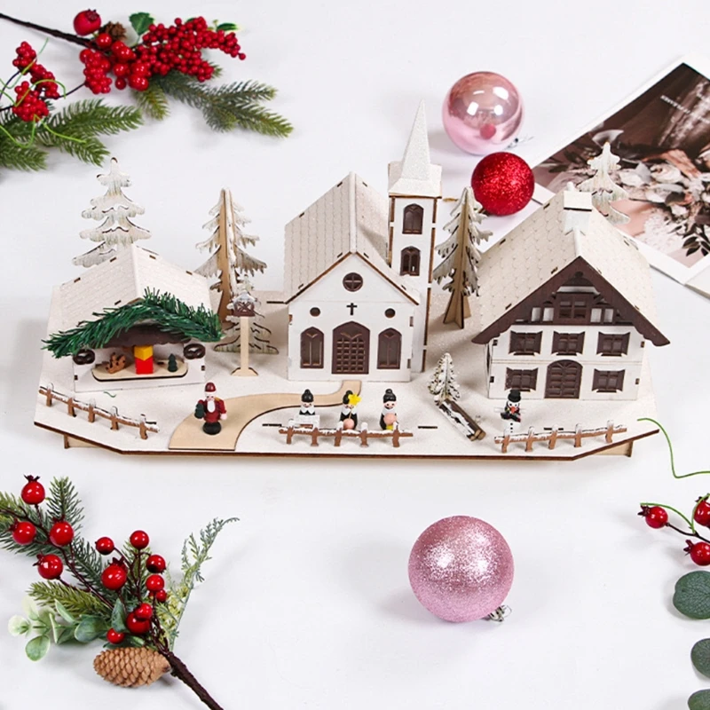 

Wooden Glowing Christmas House Ornaments Xmas House Desktop Decoration with Lights Home Festival Atmosphere Lighting