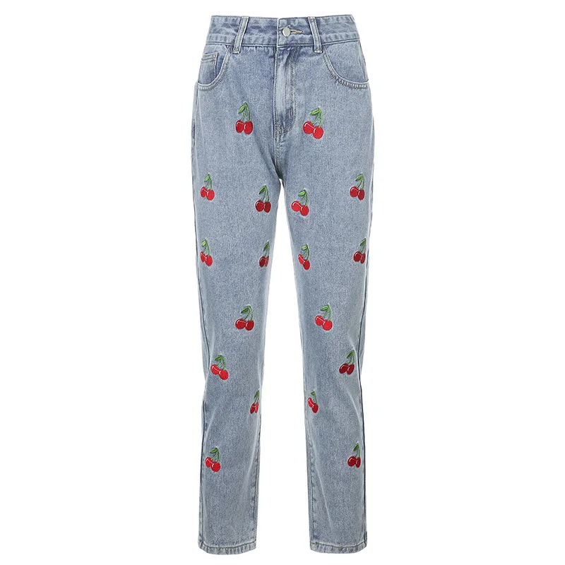 

Cherry embroidery High Waist Jeans For Women Pockets Vintage Pencil Pants Korean Harajuku Streetwear Cute Denim Joggers