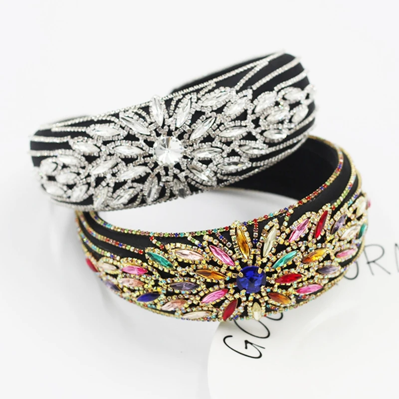 

Vintage French Style Sponge Padded Headband Baroque Colorful Sunflower Rhinestone Wide Hair Hoop Luxurious Headdress