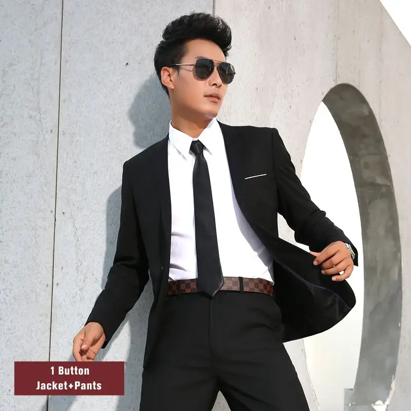 Shenrun Men Suits Slim Business Formal Casual Classic Suit Wedding Groom Party Prom Single Breasted Color Black Gray Navy Blue - Цвет: Black 1