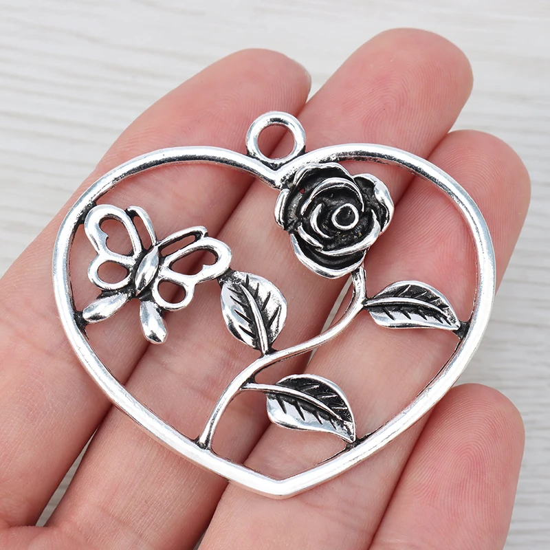 6 x полые Открытые розы бабочки Подвески в форме сердца для ожерелья ювелирных