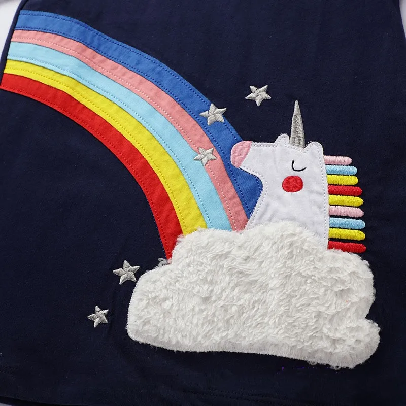 Радужное платье с единорогом для девочек новинка Весенняя детская одежда