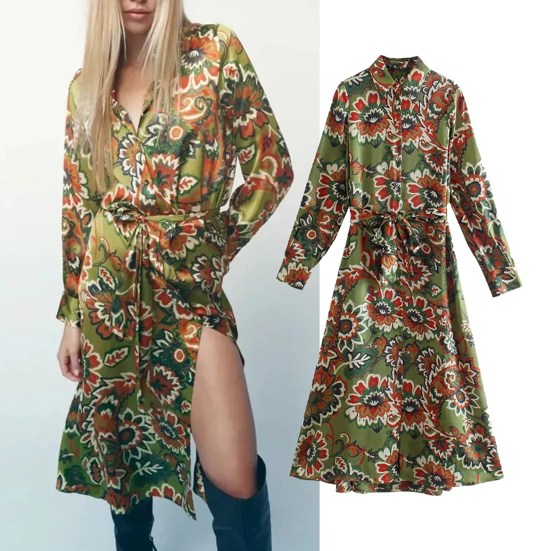 

Женское платье-рубашка с поясом Za, зеленое винтажное платье миди с цветочным принтом и длинным рукавом, на пуговицах, 2021