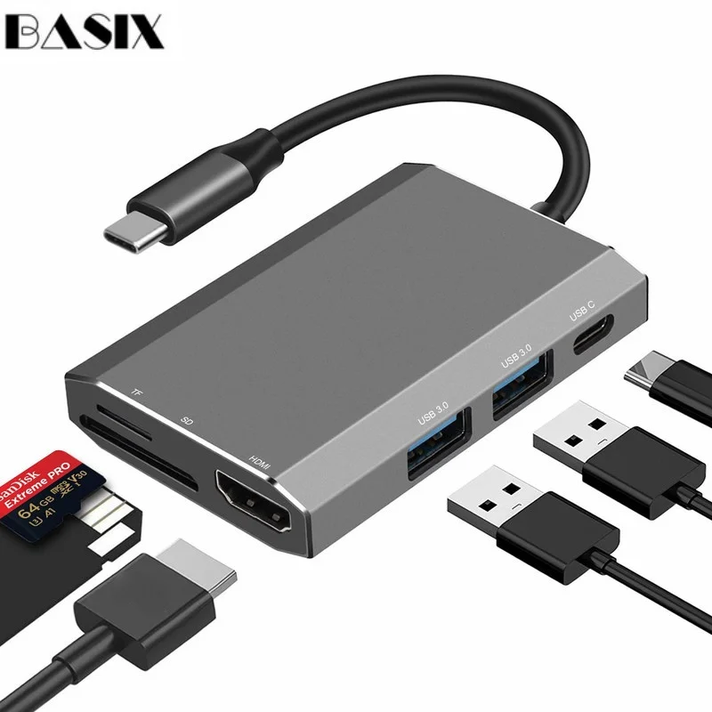 

Basix USB 3.1 Type C Hub Usb C To HDMI-Compatible USB3.0/SD TF Card/PD Adapter for Laptop for MacBook Huawei Mate 10 USB-C Hub