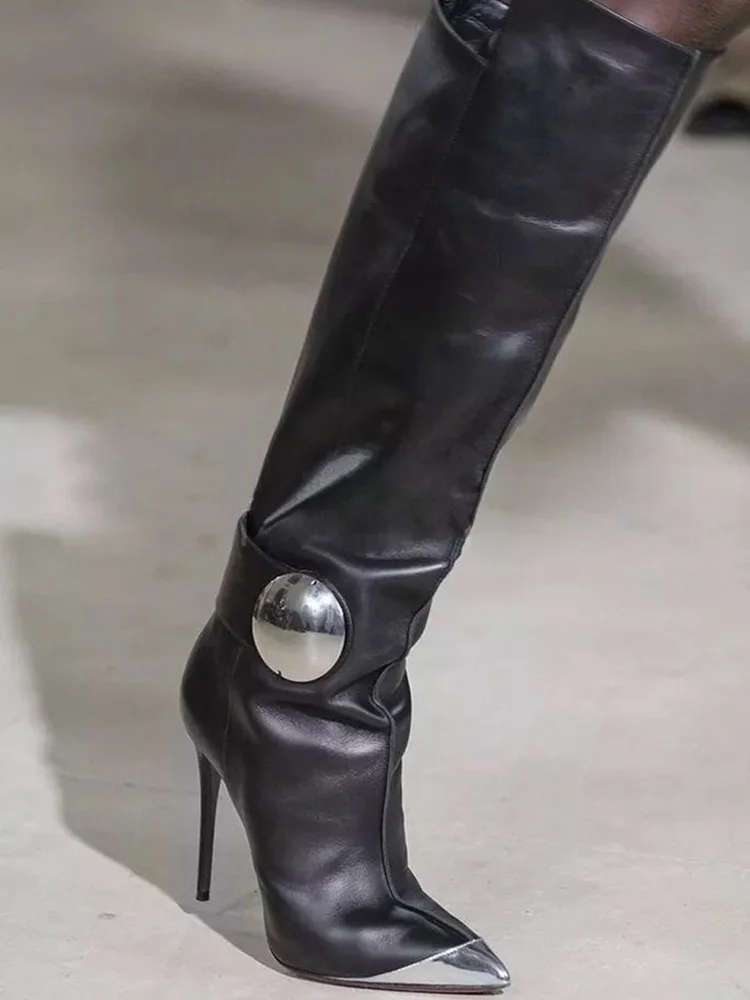 Brown Genuine Leather Winter Boots Woman Sexy Thin High Heels Party Boots Black Silver Metal Toe Matte Genuine Leather Zipper