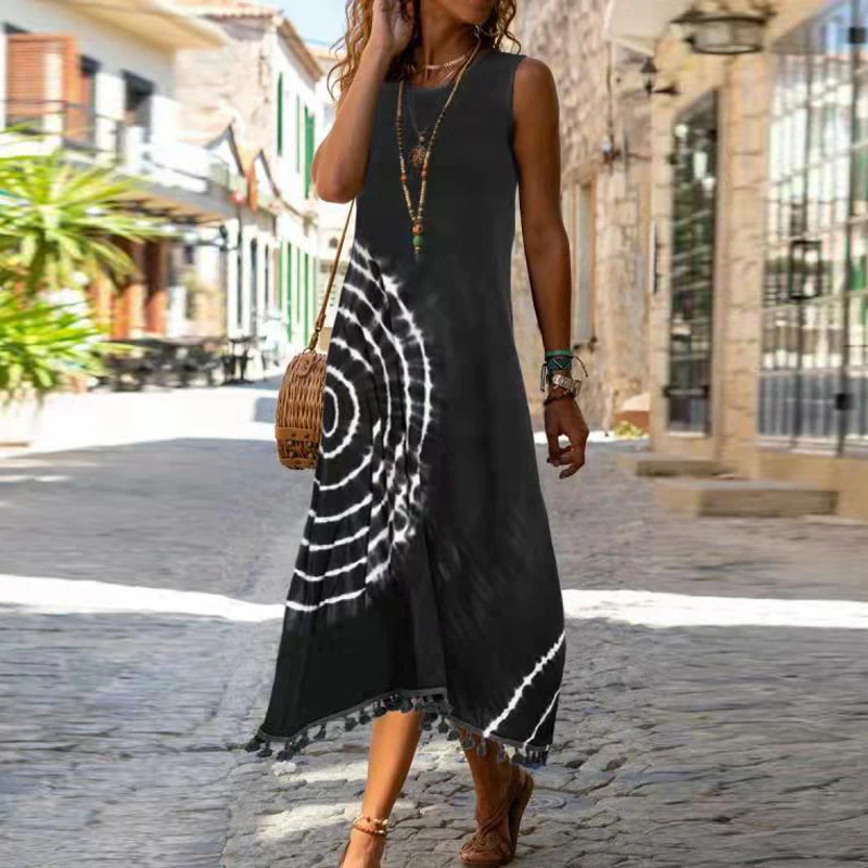 

Casual Vintage Pattern Printed Loose Dress Summer Women Elegant O-Neck Sleeveless Tank Dresses Fashion Irregular Beach Dress 3XL
