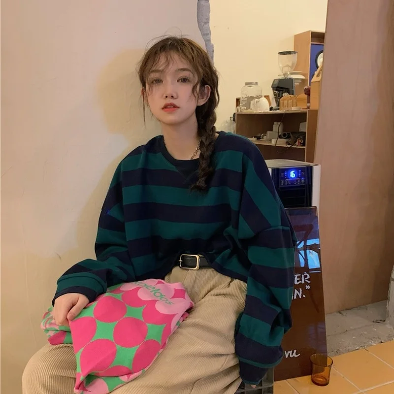 

Женский пуловер в полоску, свободный Универсальный свитшот в Корейском стиле, в стиле интернет-знаменитостей, осень