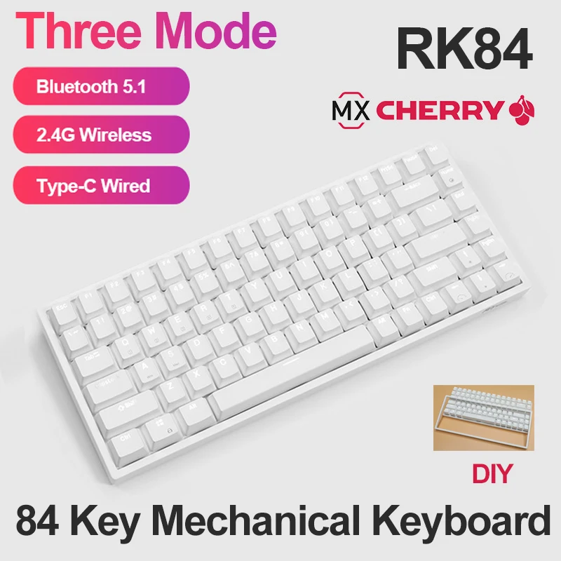 

RK84 84 Keys Mechanical Gaming Keyboards Cherry MX Switch Bluetooth-compatible/2.4G/Type-C Gamer Wired Keyboard White Blacklight