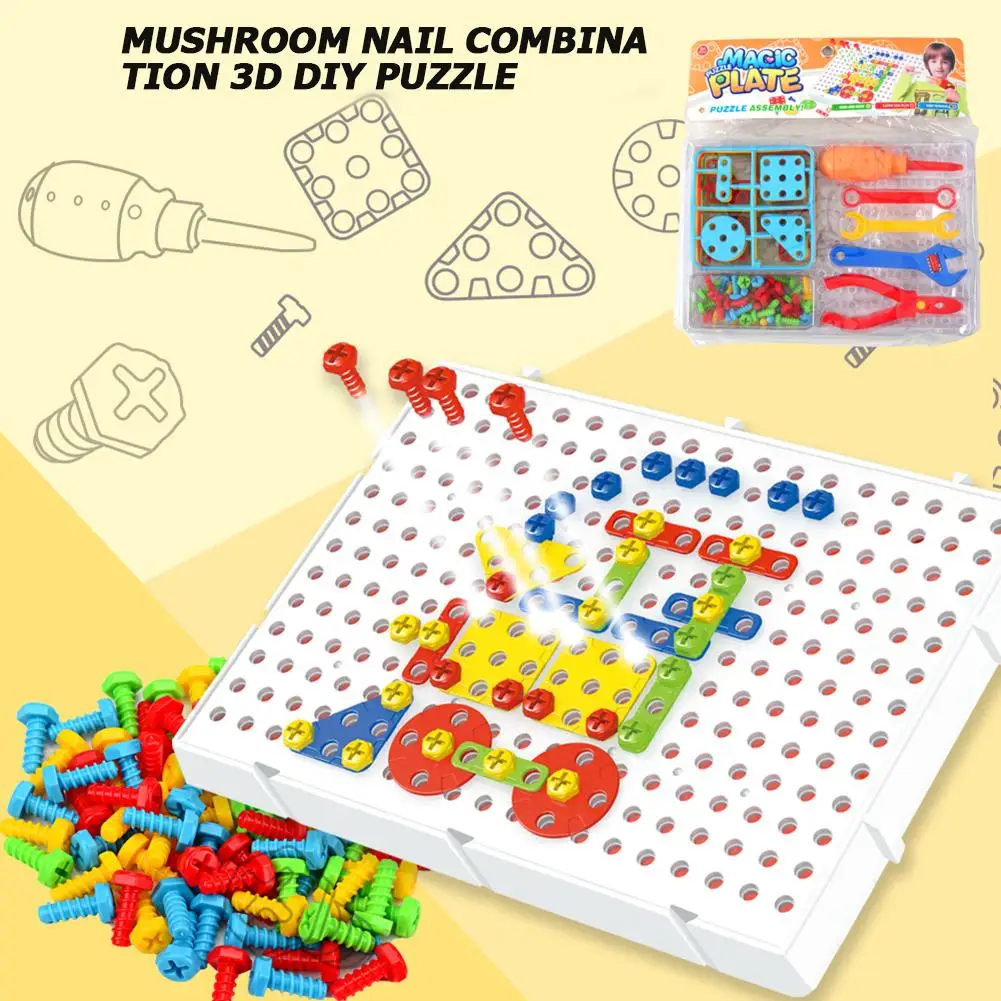 DIY 3D Baby Mushrooms Nails Jigsaw Puzzle Game Screw Drill Child Educational Toy Developing Intelligence Hands-on Ability