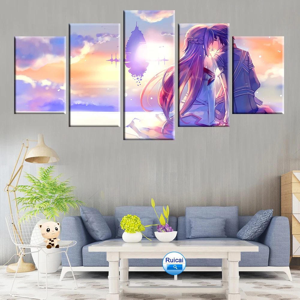 

5 Panel Anime Sword Romantic Love HD Canvas Posters Wall Art Pictures Paintings Accessories Home Decor Living Room Decoration