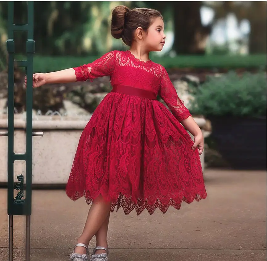

2021 New Girls Falf Sleeve Lace Sashes White Red Princess Dress Kids Elegant Party Prom Ball Gown Children Costume 3-14 Year