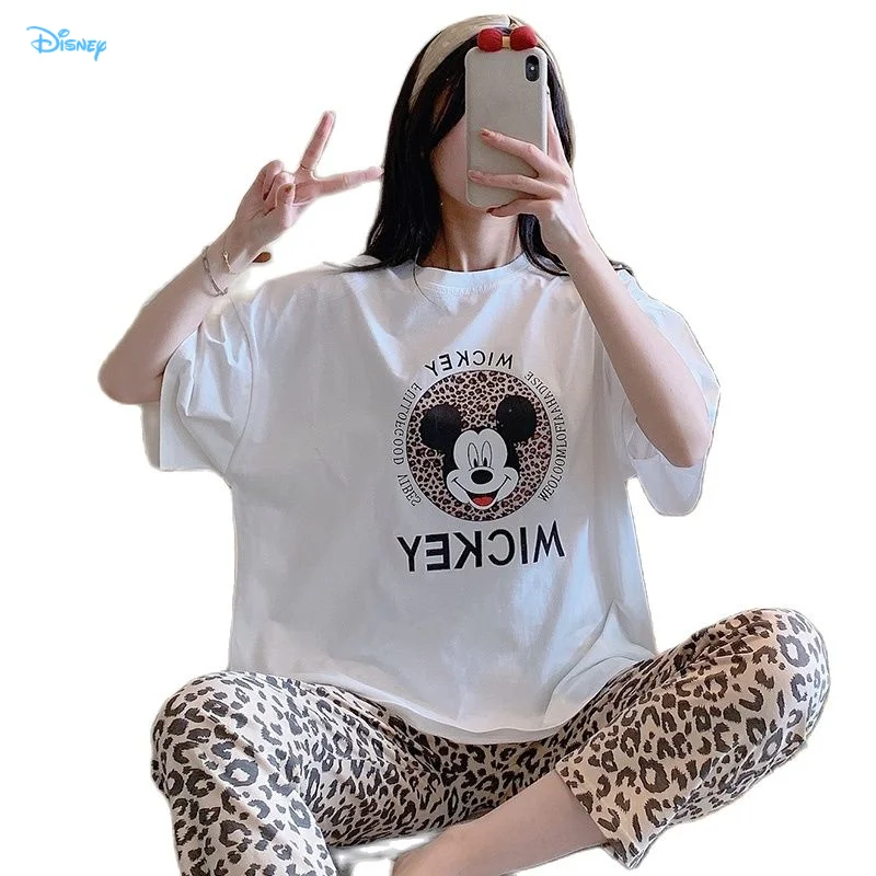 

High Quality Cotton Pajamas Women's Short Sleeve Pants Mickey Mouse Leopard Print Cute Cartoon Loose Home Suit Pajama Sets Women