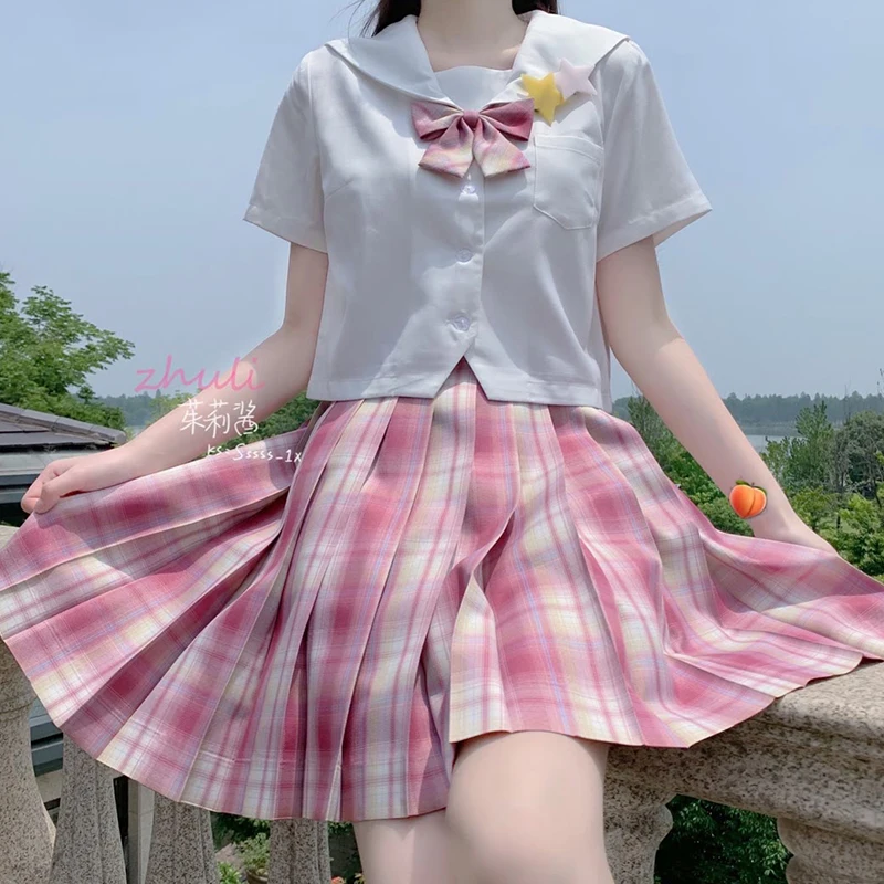 

[Cupid] Girl's Summer High Waist Pleated Skirts Plaid Skirts Women Cute Pink JK Uniforms Girl School Dress Student Cloths