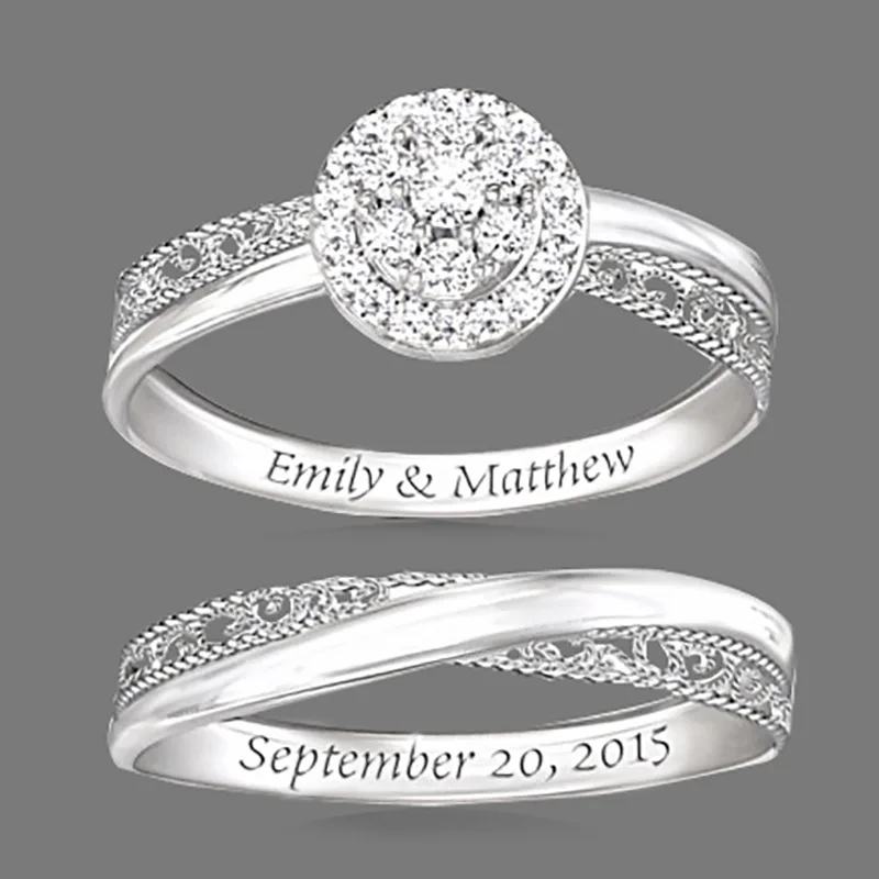

2 Pcs/Set Classic Exquisite Sparkling White Crystal Zirconium Engarved Words Female Alloy Ring Set for Women Wedding Jewelry