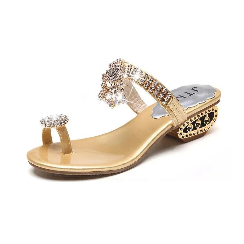 

Rhinestone Toe Ring Low Heels Sandals Women Summer Shiny Slides Shoes Girls Slip On Tassel Sandals Ladies Flip Flops Sandals
