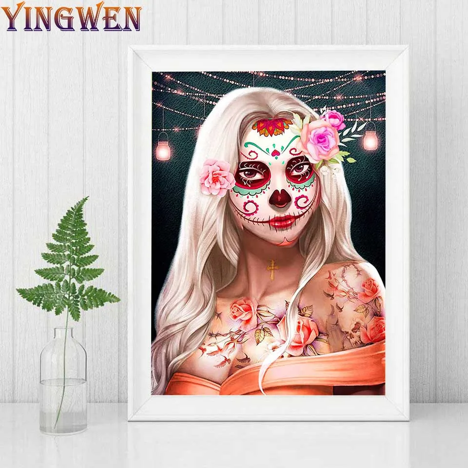 

Алмазная 5D картина на Хэллоуин с изображением сахарного черепа девушки наборы для вышивки крестиком Алмазная мозаика женщина портрет карт...