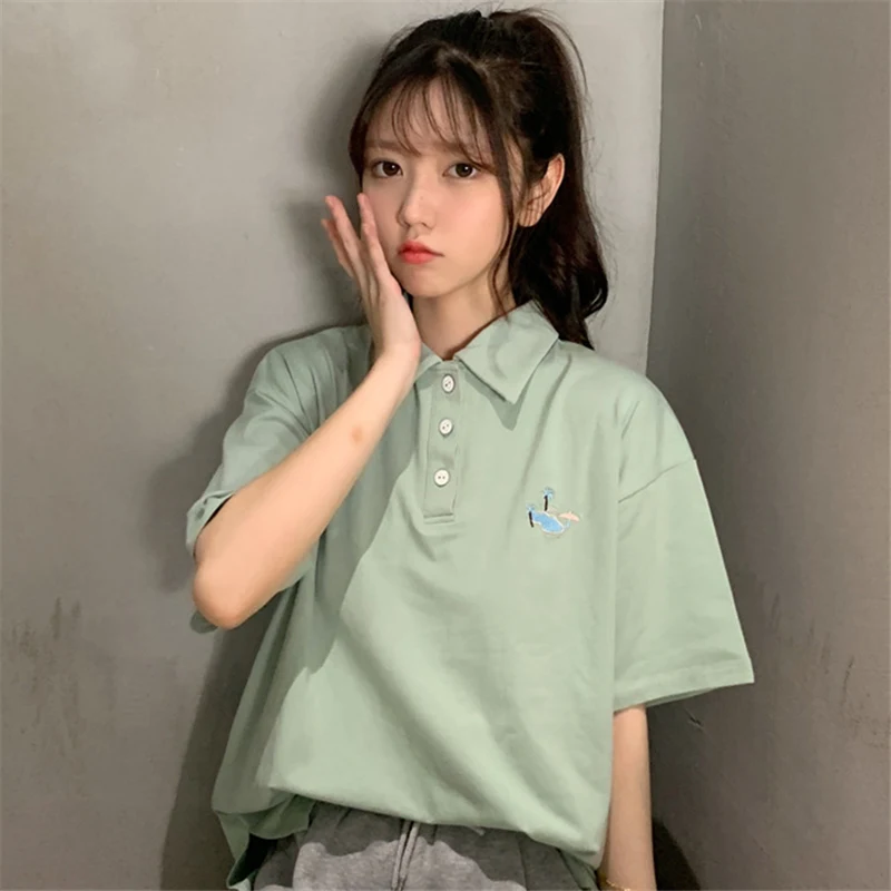 

Рубашка-поло женская с отложным воротником, рубашка с коротким рукавом, свободная футболка в Корейском стиле, в стиле Ins Харадзюку, в стиле ж...